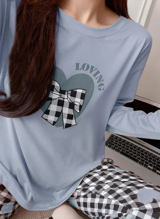 تايك تو طقم بيجاما من بنطال بنمط مربعات وتيشيرت بأكمام طويلة